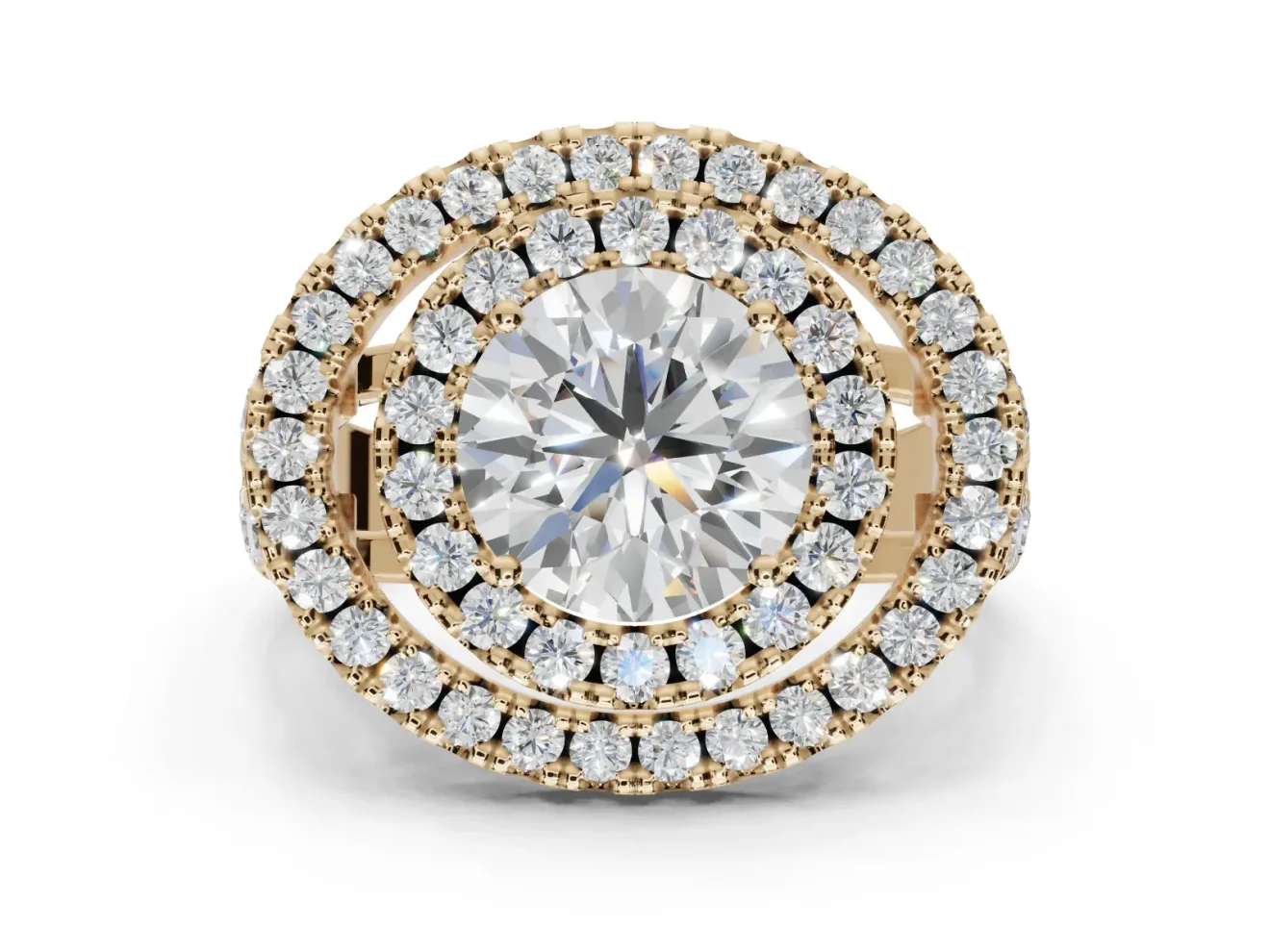 Round Double Halo Split Shank Engagement Ring Setting | Multi-Row Pavé | Yellow Gold