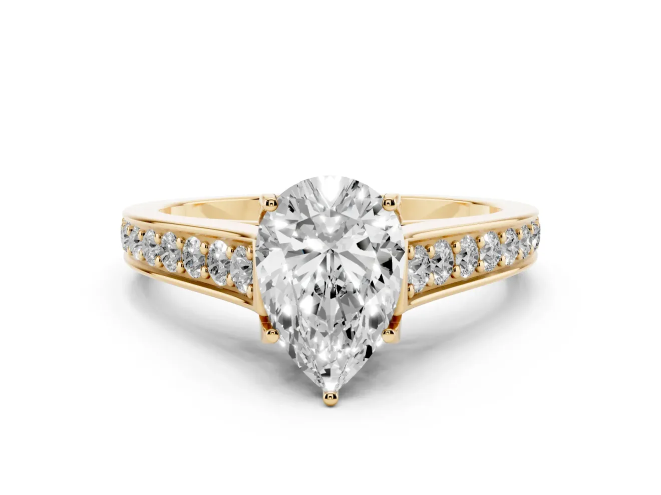 Pear-Shaped Graduated Pavé Solitaire Engagement Ring Setting | Wide Pavé Row Band | Yellow Gold