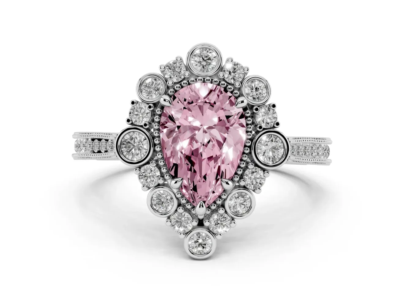 Pear-Shaped Scalloped Halo Engagement Ring Setting for a Fancy Pink Lab-Grown Diamond | Milgrain Edges | White Gold