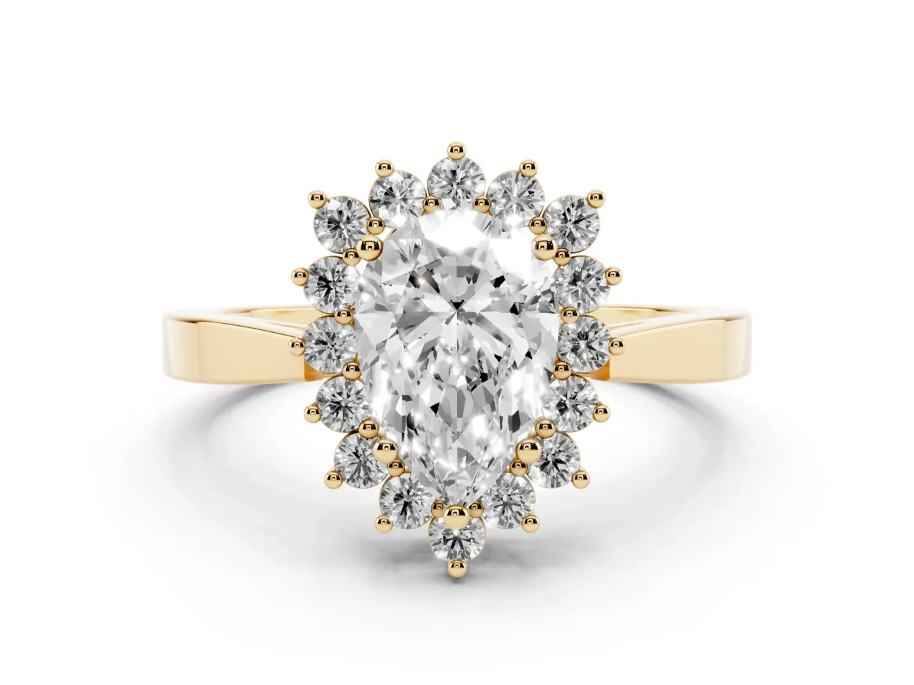 Pear Cut Diamond Halo Ring Set in Yellow gold with Round Halo and Smooth Solitaire Band