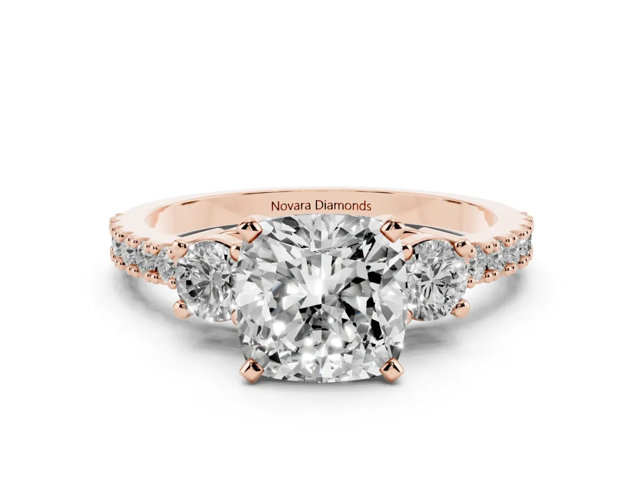 Cushion Cut Three Stone Pavé Engagement Ring Setting | Round Side Stones | Rose Gold