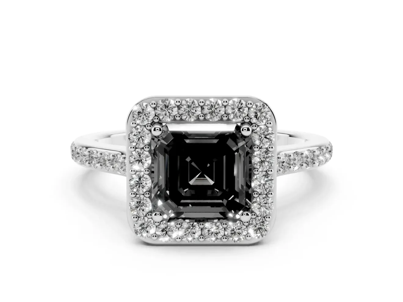 Asscher Cut Pavé Halo Engagement Ring Setting for a Black Center | White Gold