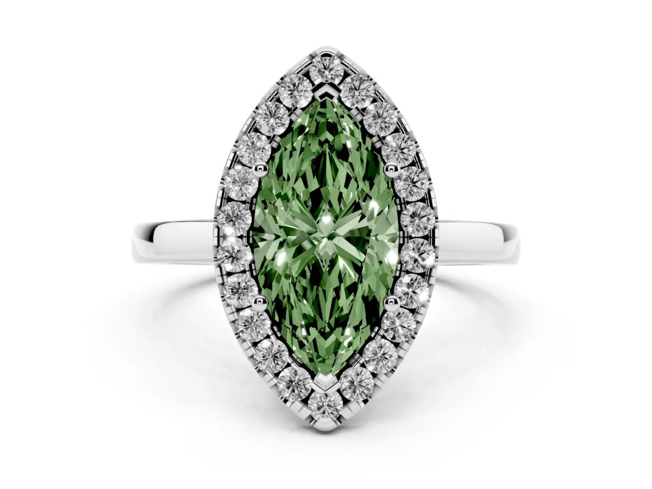 Fancy Green Marquise Cut Diamond Halo Solitaire Ring Set in White gold with Pavé Band and Prong Setting