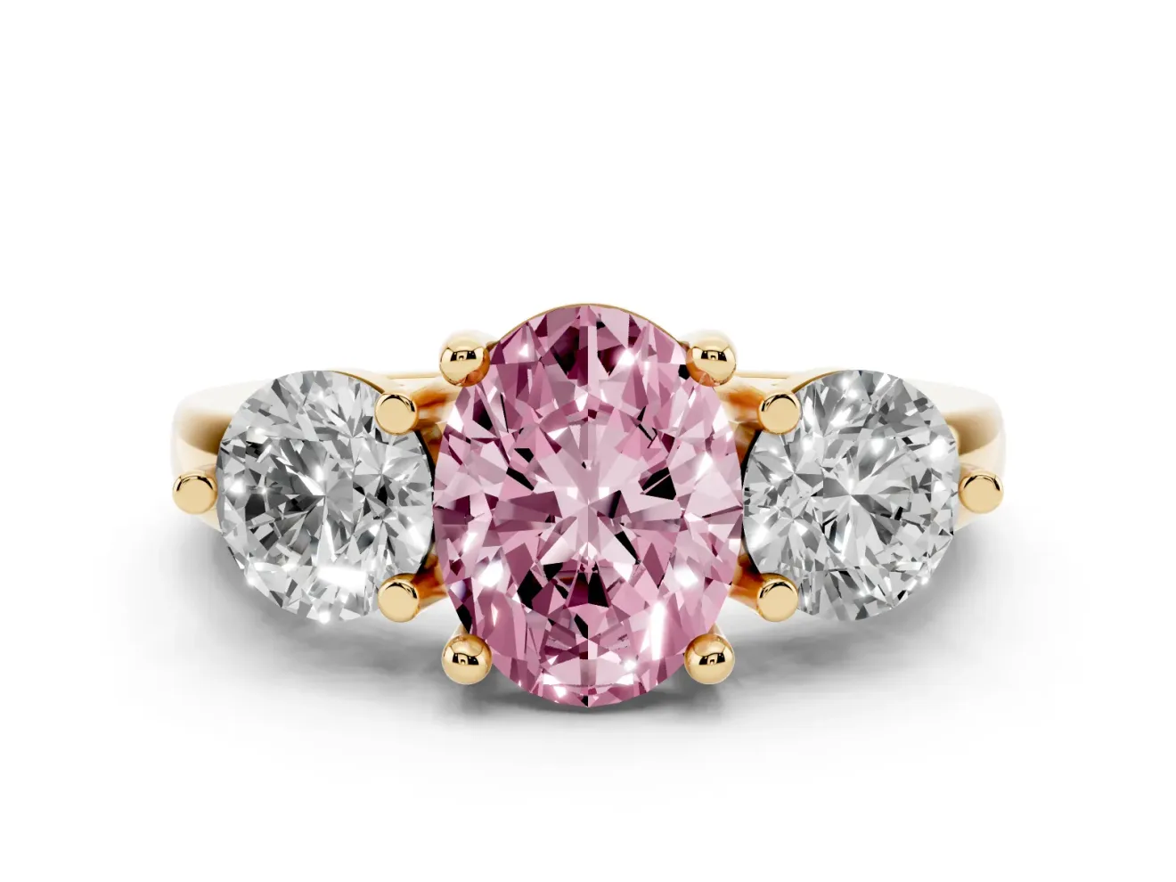 Oval Three Stone Engagement Ring Setting for a Fancy Pink Lab-Grown Diamond | Open Prong Baskets | Yellow Gold