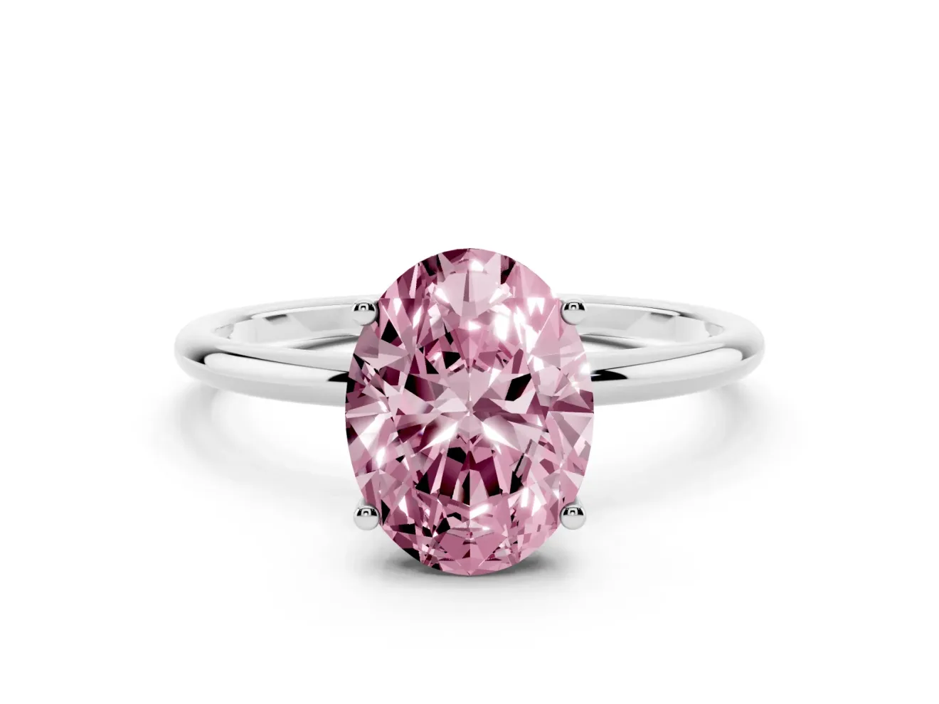 Fancy Pink Oval Cut Diamond Solitaire Engagement Ring Set in Platinum with Thin Band and Prong Setting