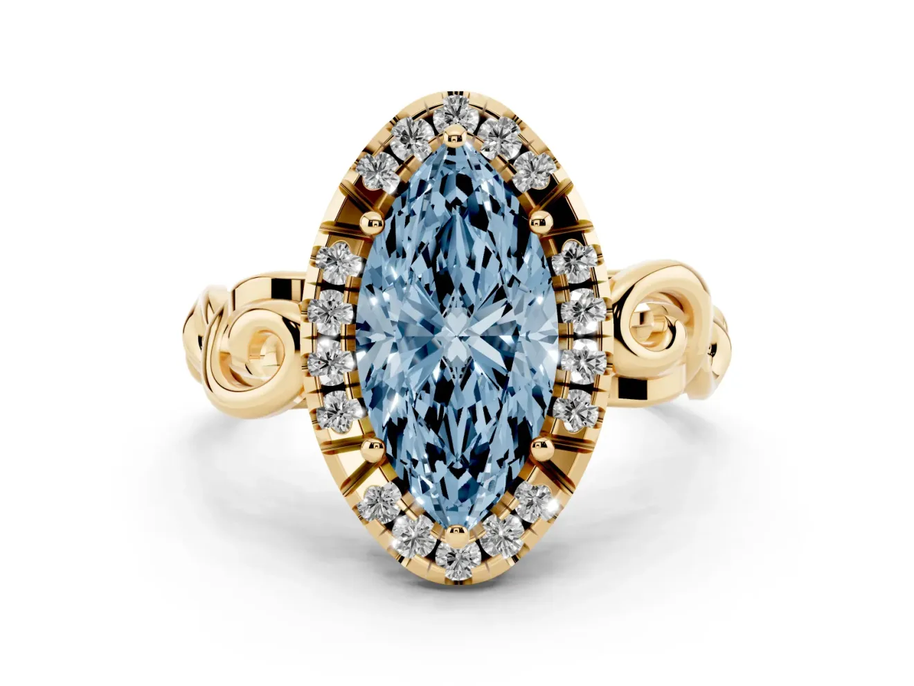 Fancy Blue Marquise Cut Diamond Halo Ring Set in Yellow gold with Scrollwork Band and Prong Setting