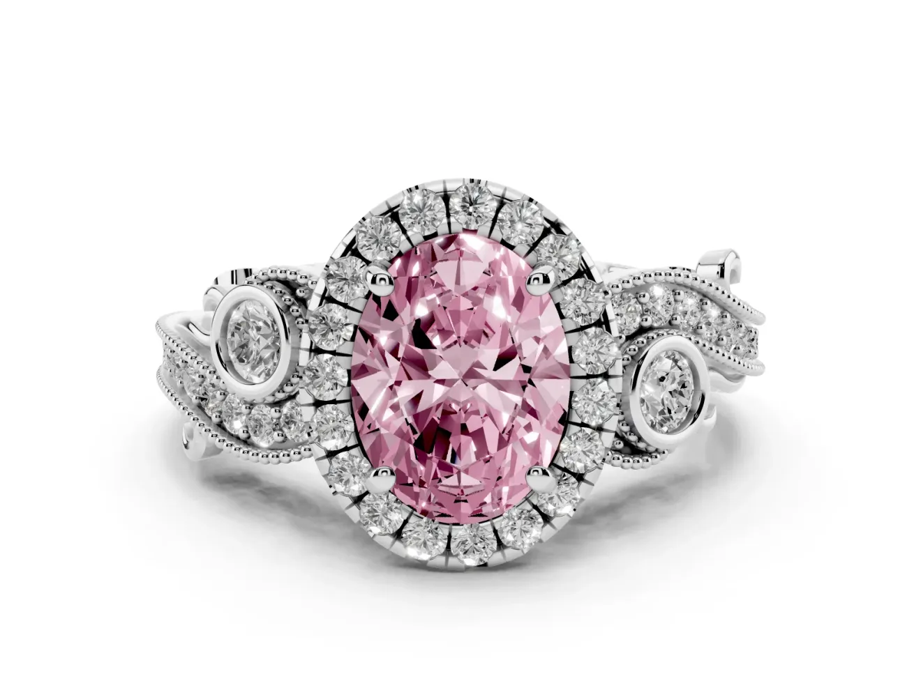 Fancy Pink Oval Cut Diamond Halo Ring Set in Silver with Milgrain Pavé Band and Prong Setting