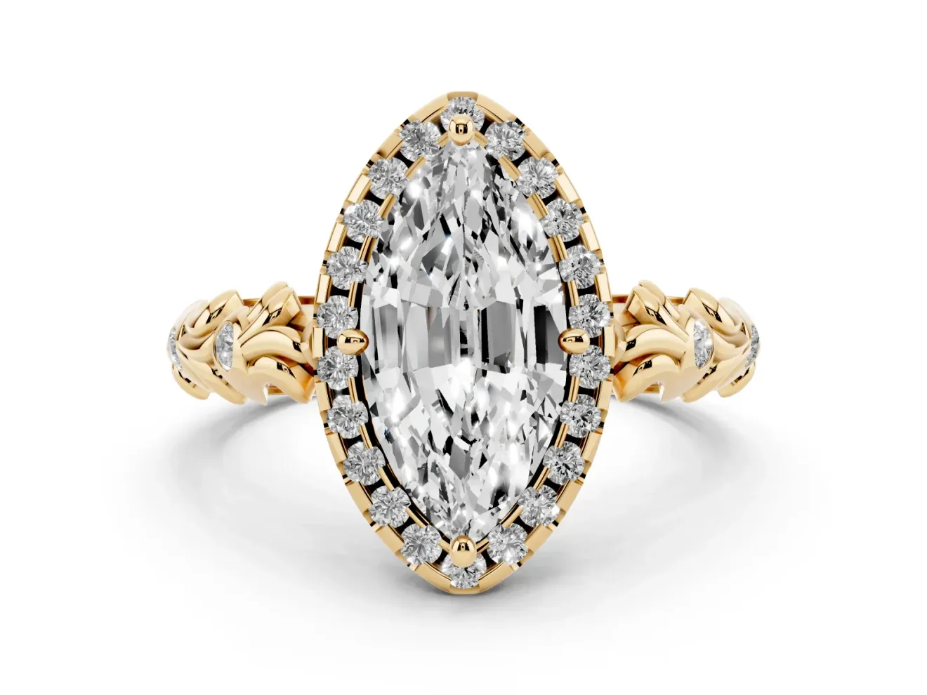 Marquise Filigree Leaf Halo Engagement Ring Setting | Bezel Leaf Accents | Yellow Gold