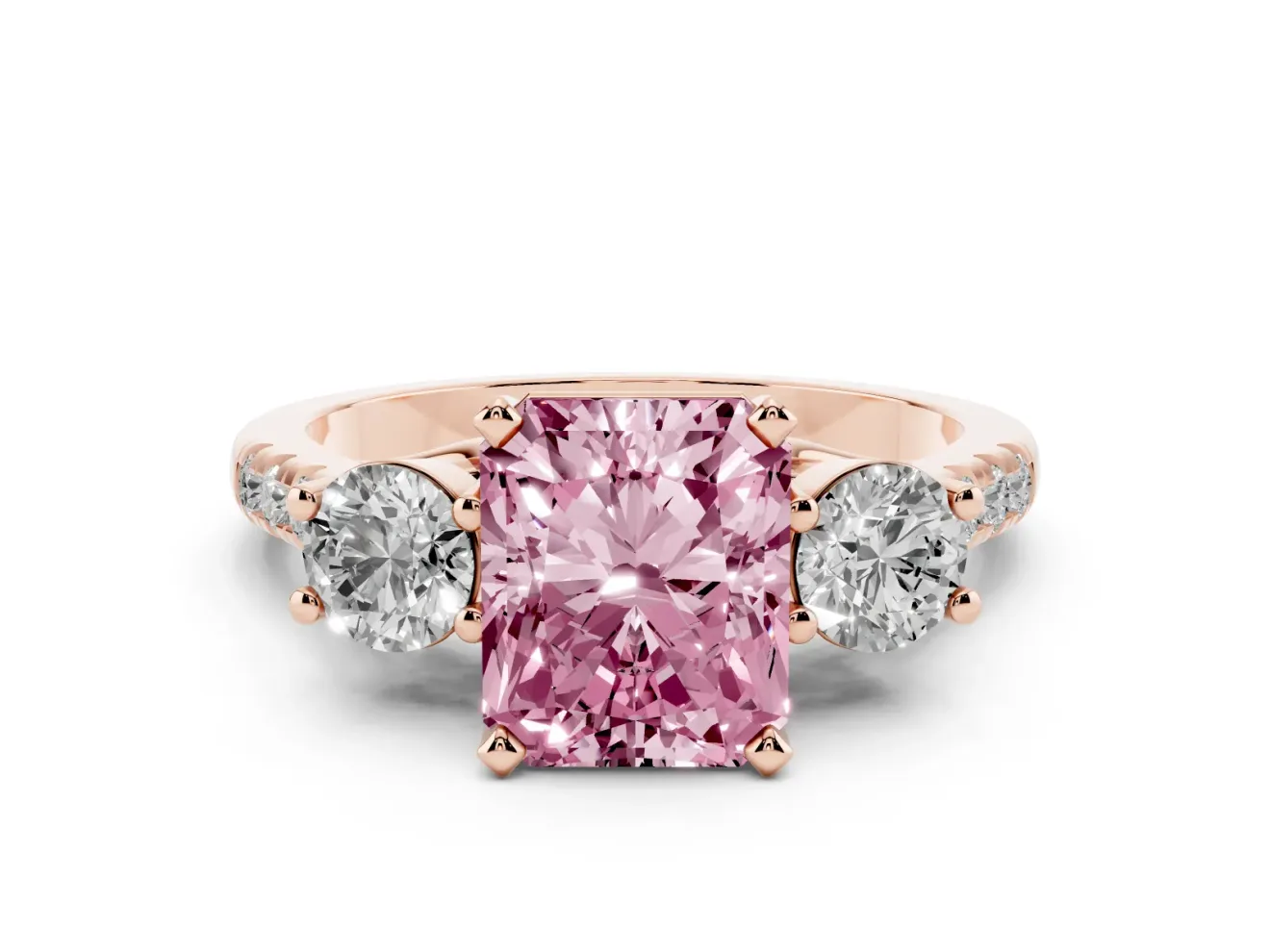 Radiant Cut Three-Stone Engagement Ring Setting for a Fancy Pink Lab-Grown Diamond | Rose Gold