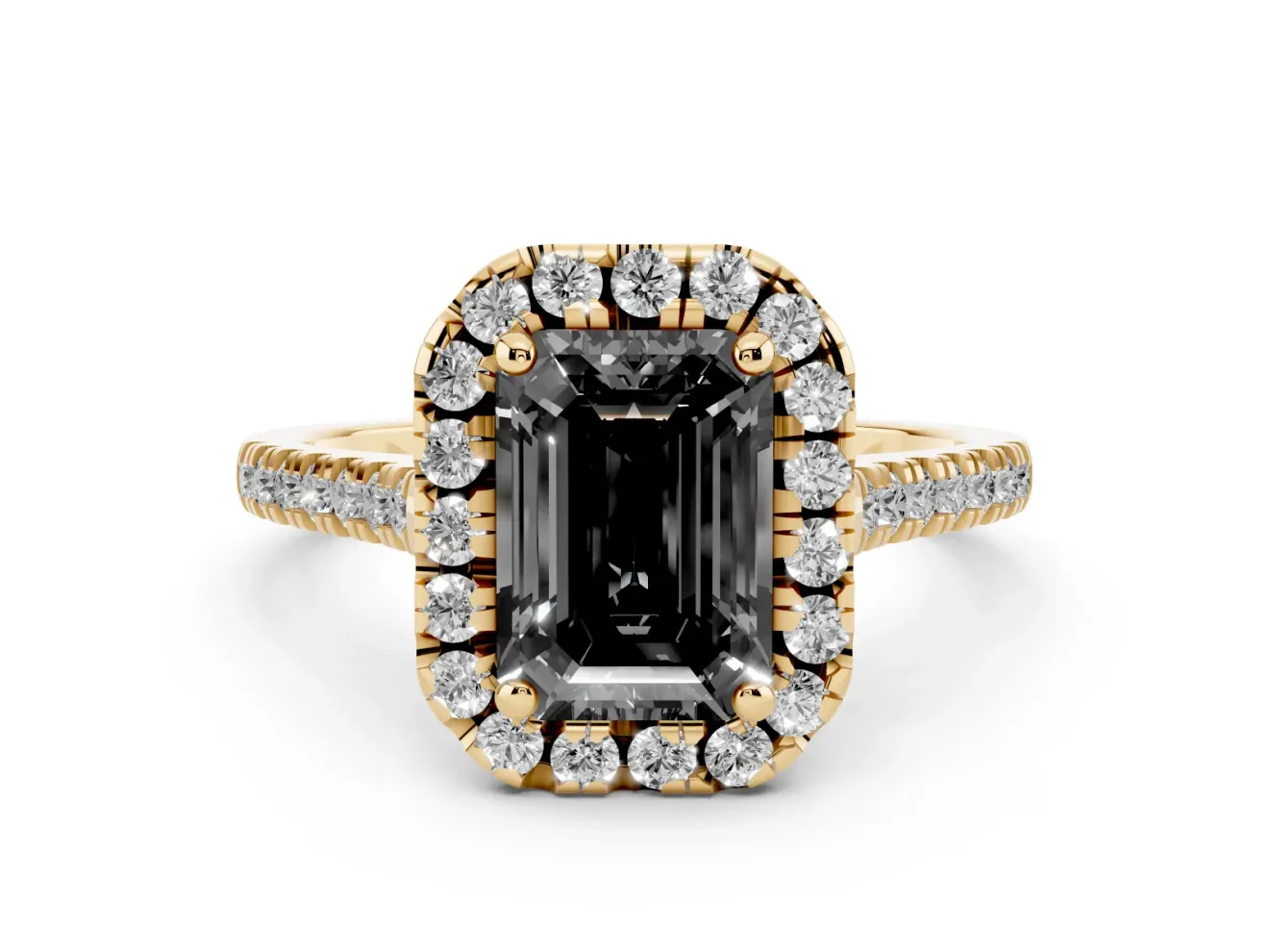 Emerald Cut Halo Engagement Ring Setting for a Black Center | Tapered Band | Yellow Gold