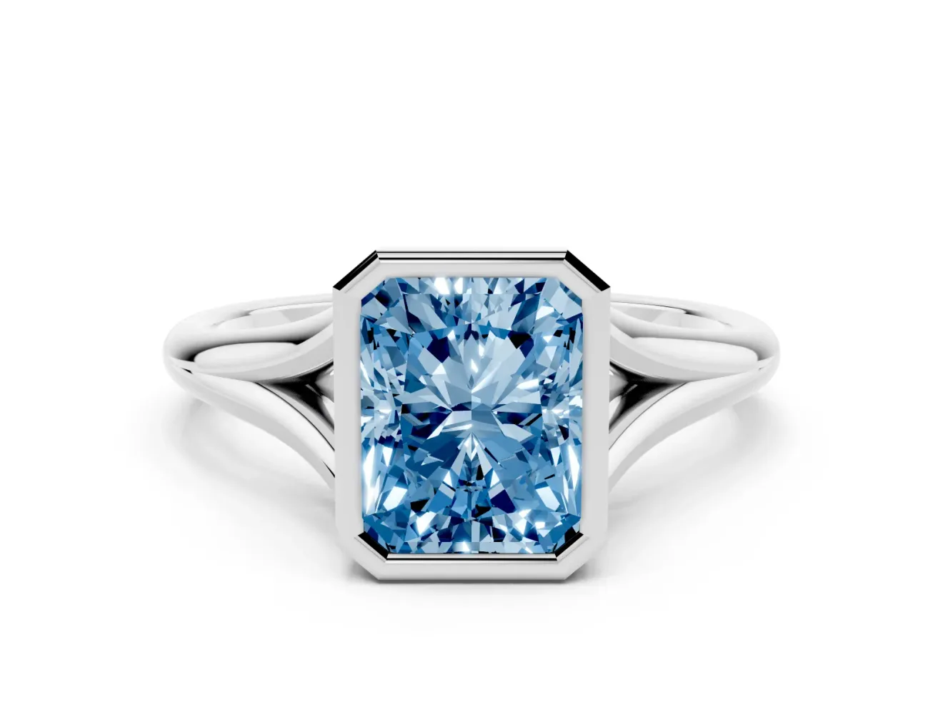 Fancy Blue Bezel Set Radiant Cut Diamond Solitaire Ring Set in Platinum with Tapered Band