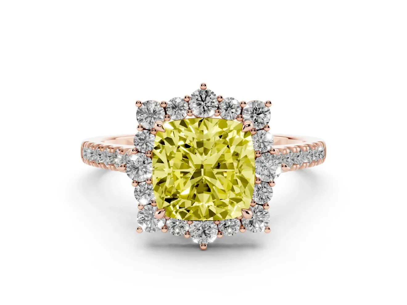 Cushion Cut Scalloped Halo Engagement Ring Setting for a Fancy Yellow Lab-Grown Diamond | Single Row Pave | Rose Gold