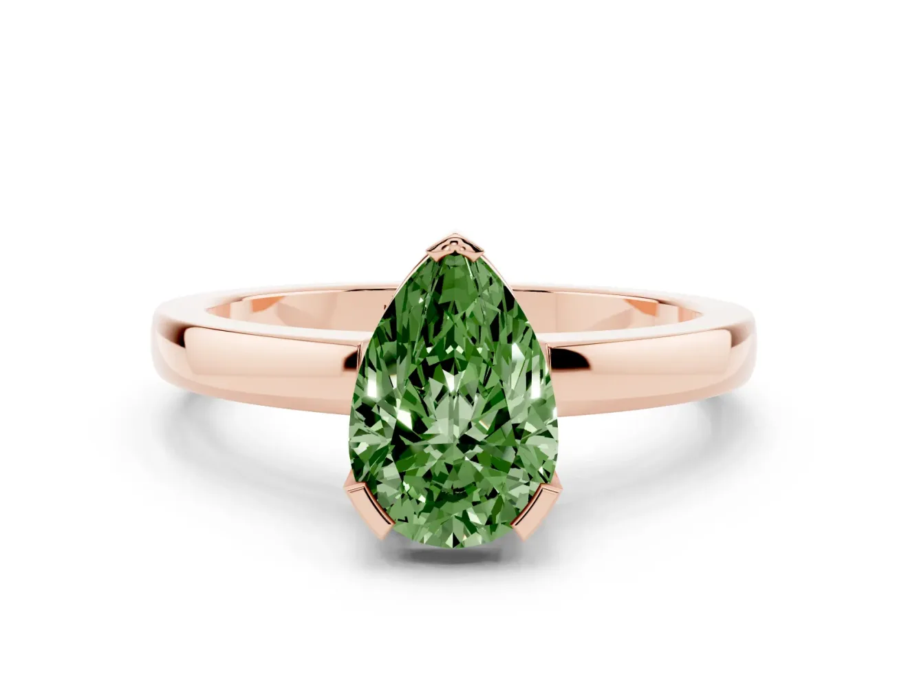Fancy Green Pear Cut Diamond Solitaire Ring Set in Rose gold with Prong Head and Smooth Polished Band