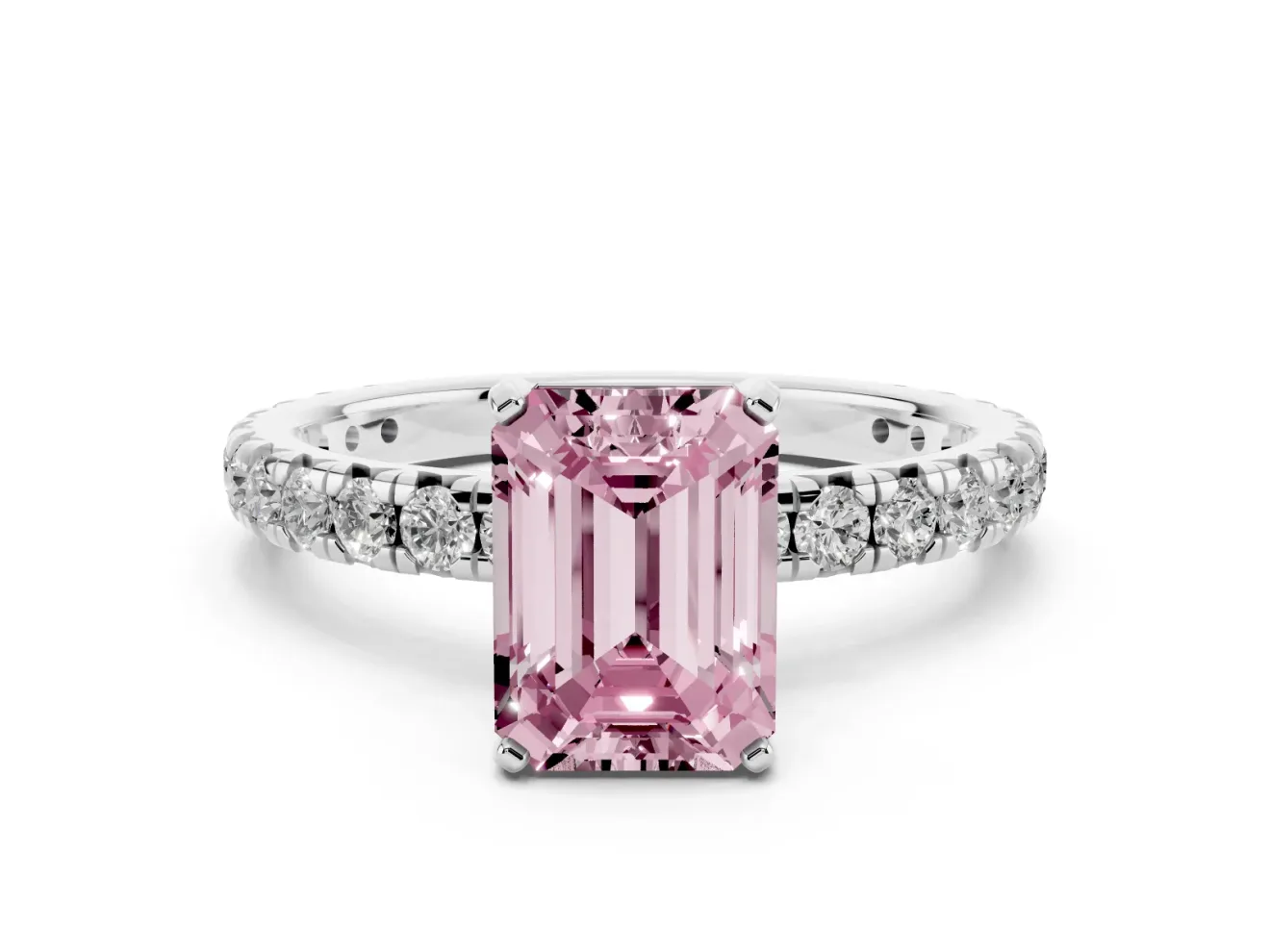 Emerald Cut Pavé Solitaire Engagement Ring Setting for a Fancy Pink Lab-Grown Diamond | Sterling Silver
