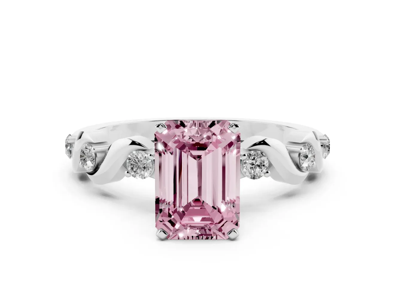 Emerald Cut Ribbon Twist Engagement Ring Setting for a Fancy Pink Lab-Grown Diamond | Accented Shoulders | White Gold