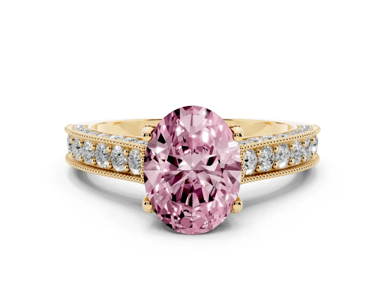 Oval Vintage Hidden Halo Engagement Ring Setting for a Fancy Pink Lab-Grown Diamond | Milgrain Pave Band | Yellow Gold
