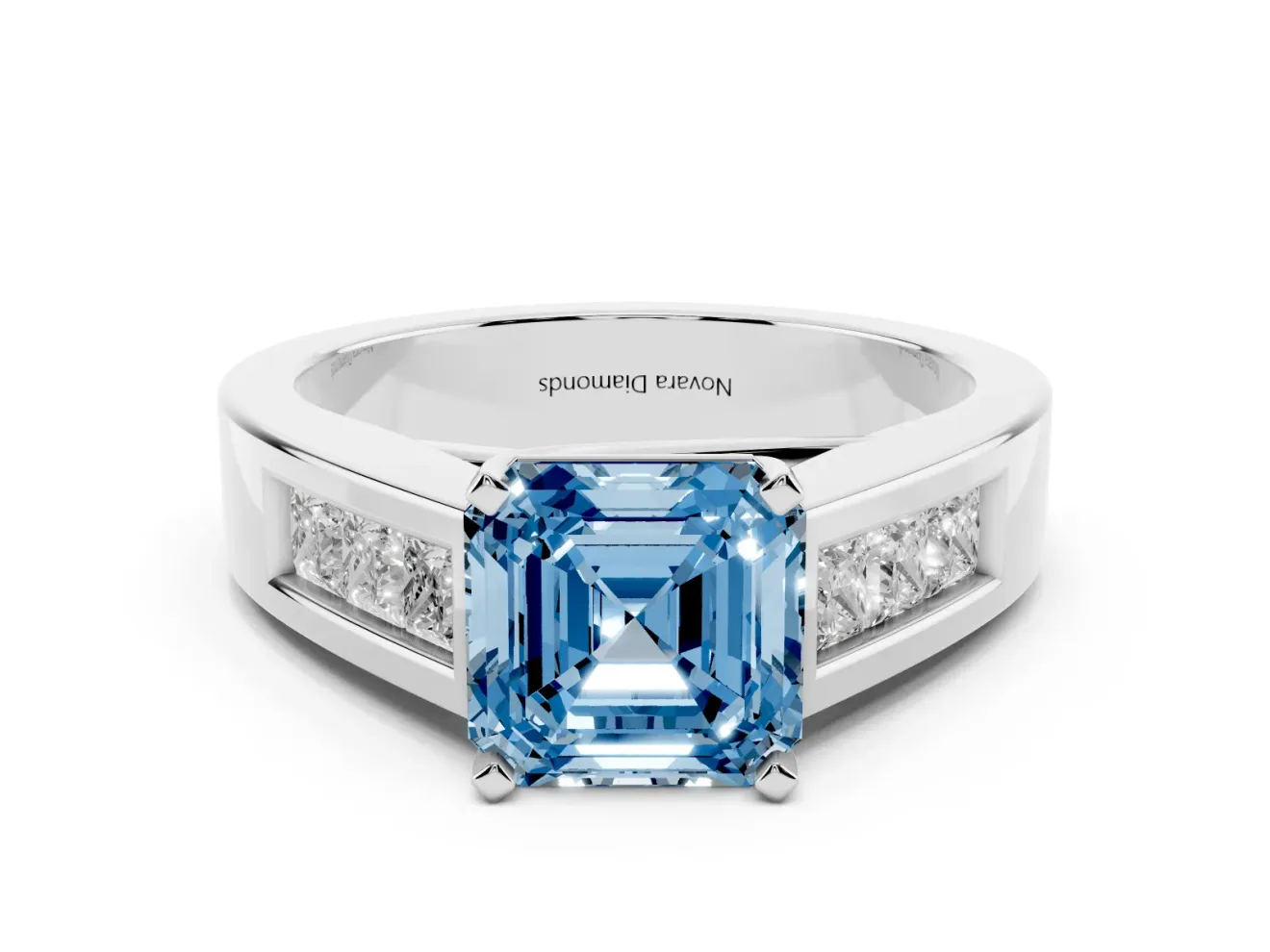 Fancy Blue Asscher Cut Diamond Solitaire Ring Set in Platinum with Channel-Set Accent Stones and Prong Setting