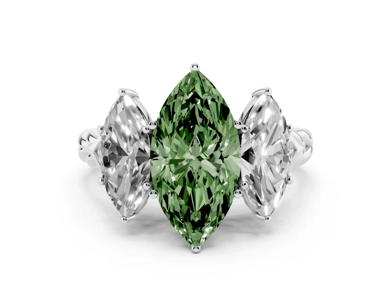 Fancy Green Marquise Cut Diamond Three-Stone Ring Set in Silver with Braided Band