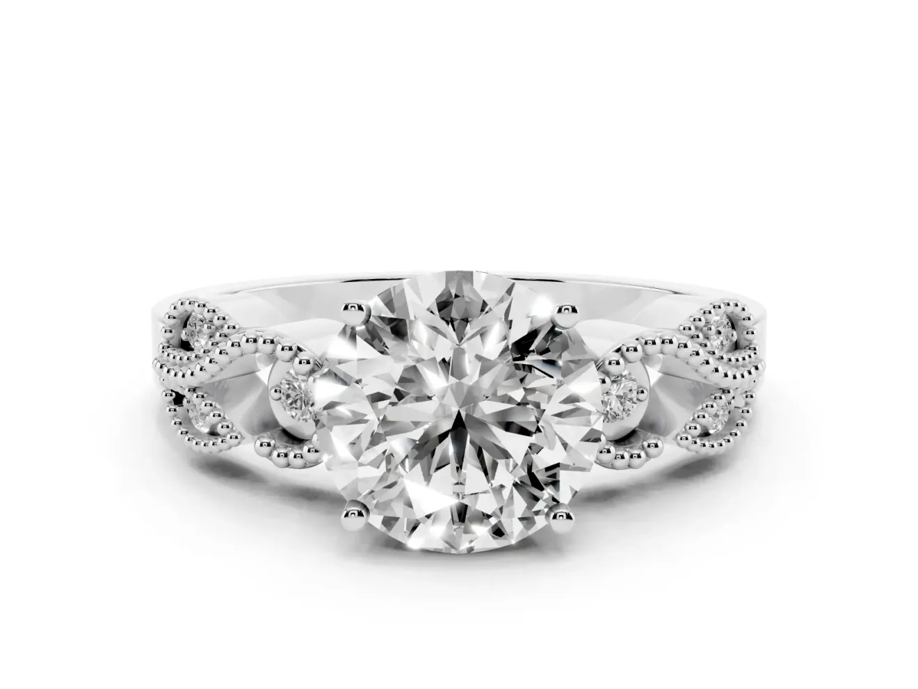Round Vintage Leaf Solitaire Engagement Ring Setting | Milgrain Edges | Platinum