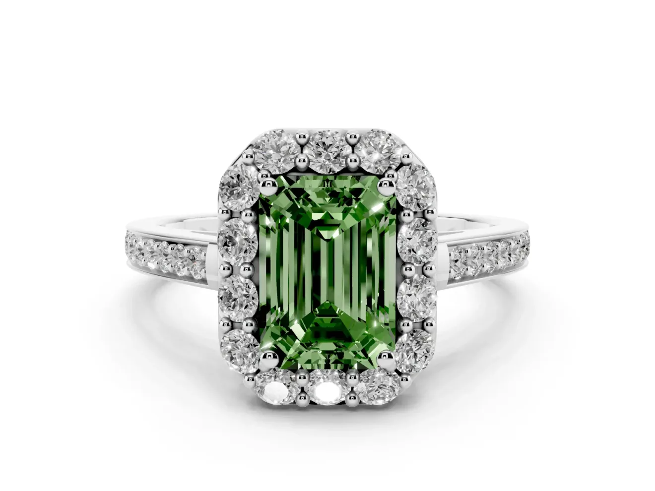 Fancy Green Emerald Cut Diamond Floral Halo Ring Set in White gold with Pavé Band and Prong Setting
