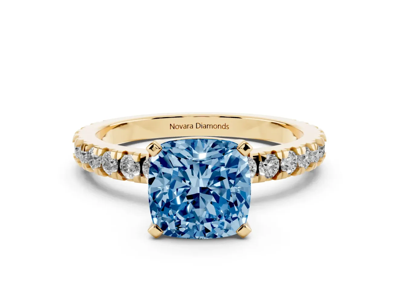 Fancy Blue Cushion Cut Diamond Pavé Band Solitaire Set in Yellow gold with Prong Setting