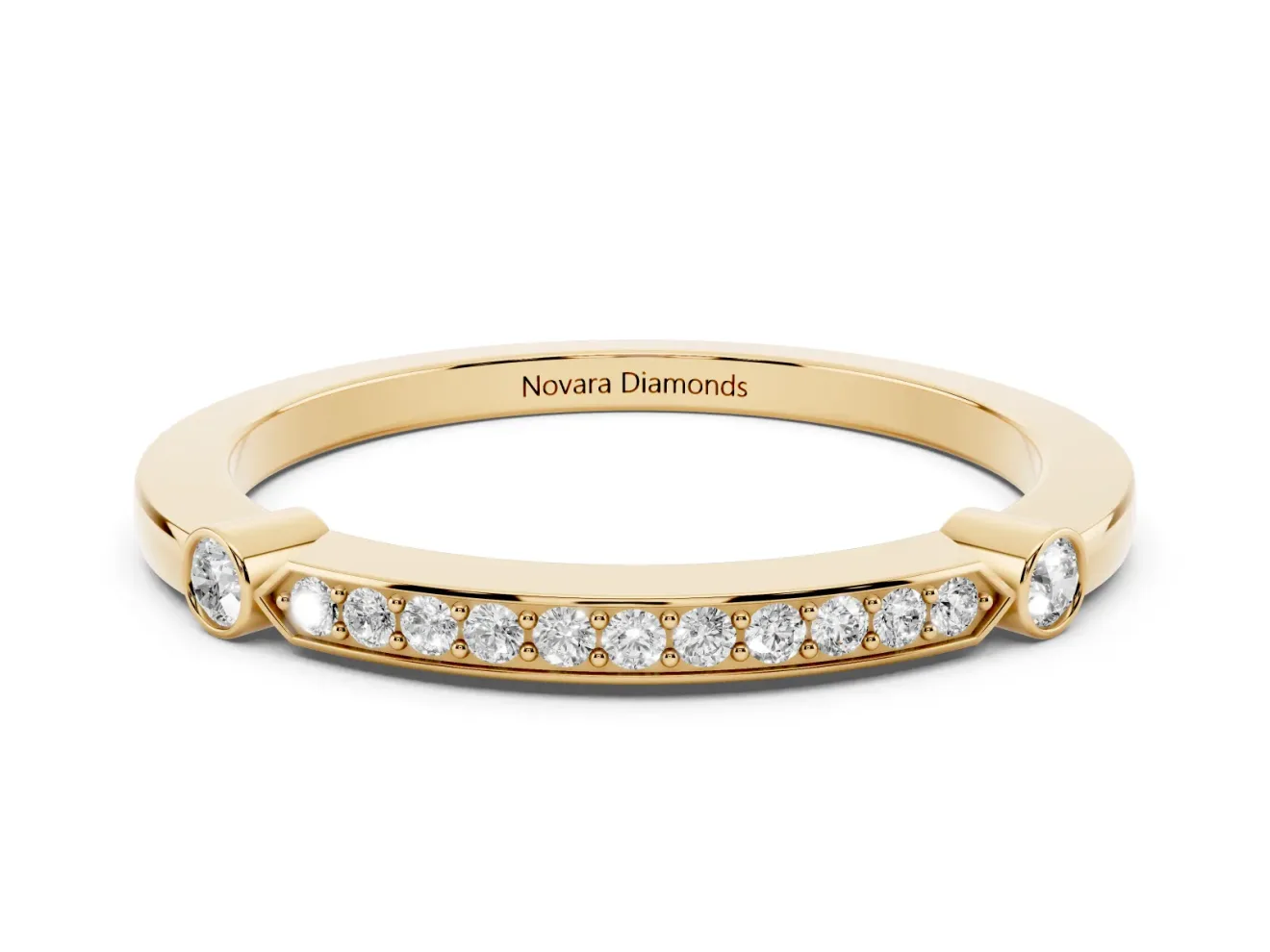 Round Lab-Grown Diamond Pavé Bar Wedding Band | Bezel Stations | Yellow Gold
