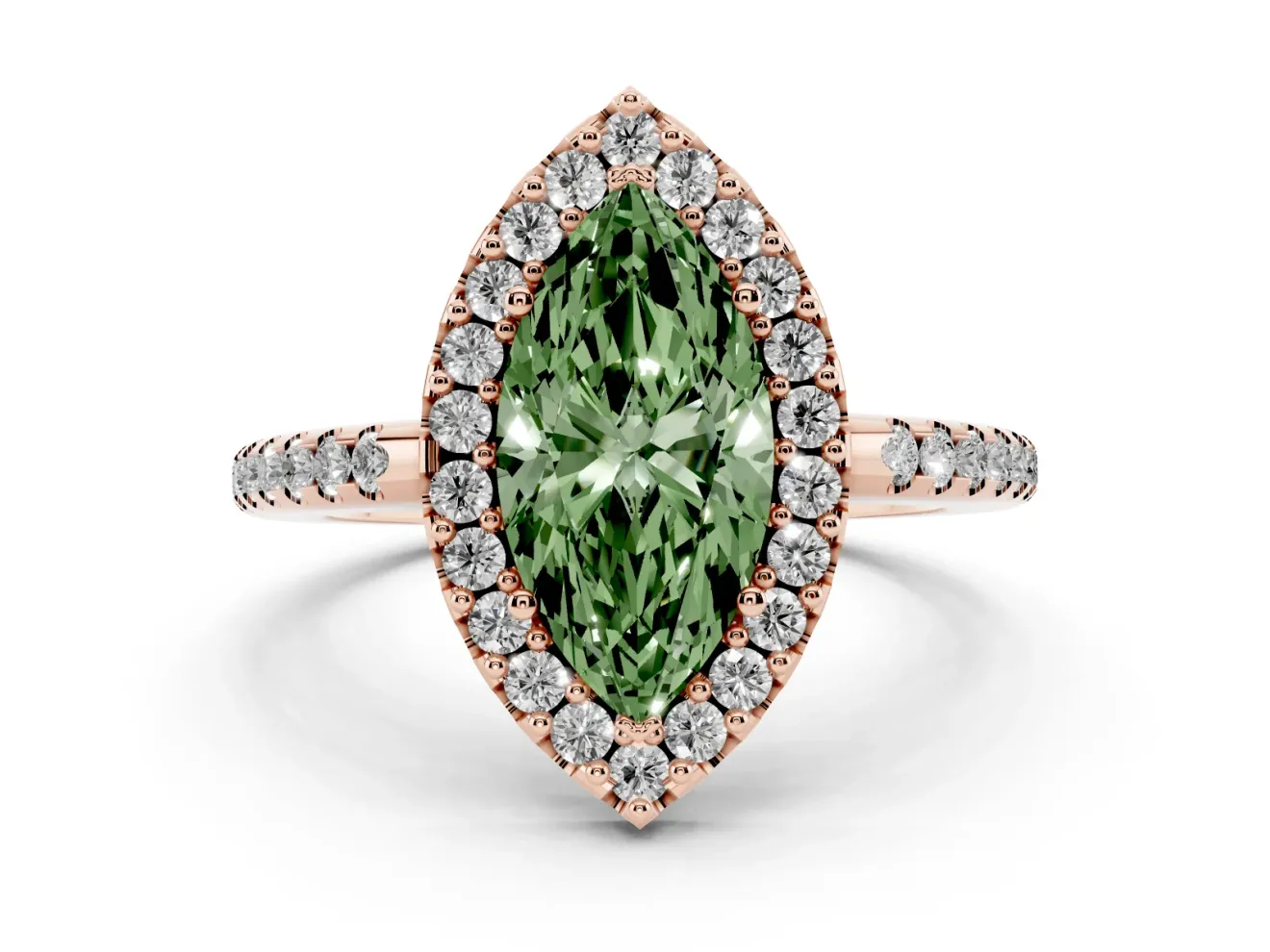Marquise Pave Halo Engagement Ring Setting for a Fancy Green Lab-Grown Diamond | Pave Band | Rose Gold