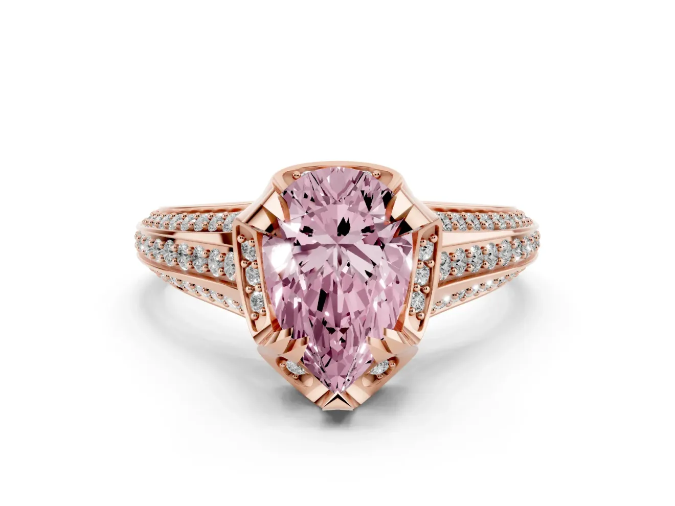 Fancy Pink Pear Cut Diamond Pavé Split Shank Solitaire Ring Set in Rose gold with Prong Setting