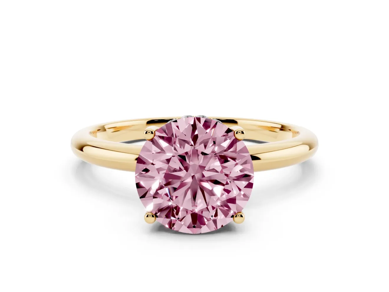 Round Micro-Prong Hidden Halo Engagement Ring Setting for a Fancy Pink Lab-Grown Diamond | Plain Band | Yellow Gold