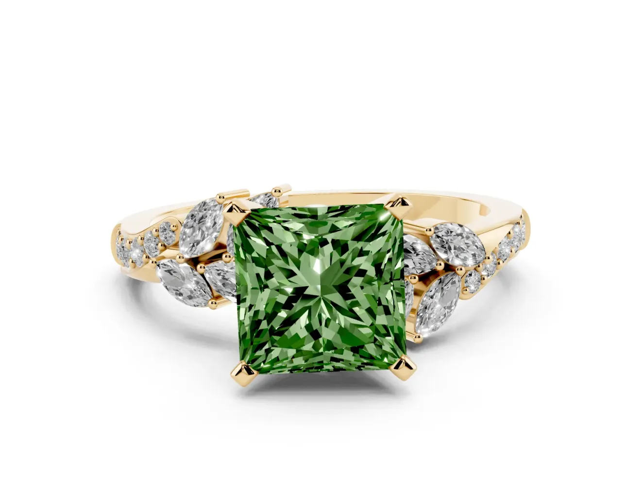 Princess Cut Floral Engagement Ring Setting for a Fancy Green Lab-Grown Diamond | Marquise Side Stones | Yellow Gold