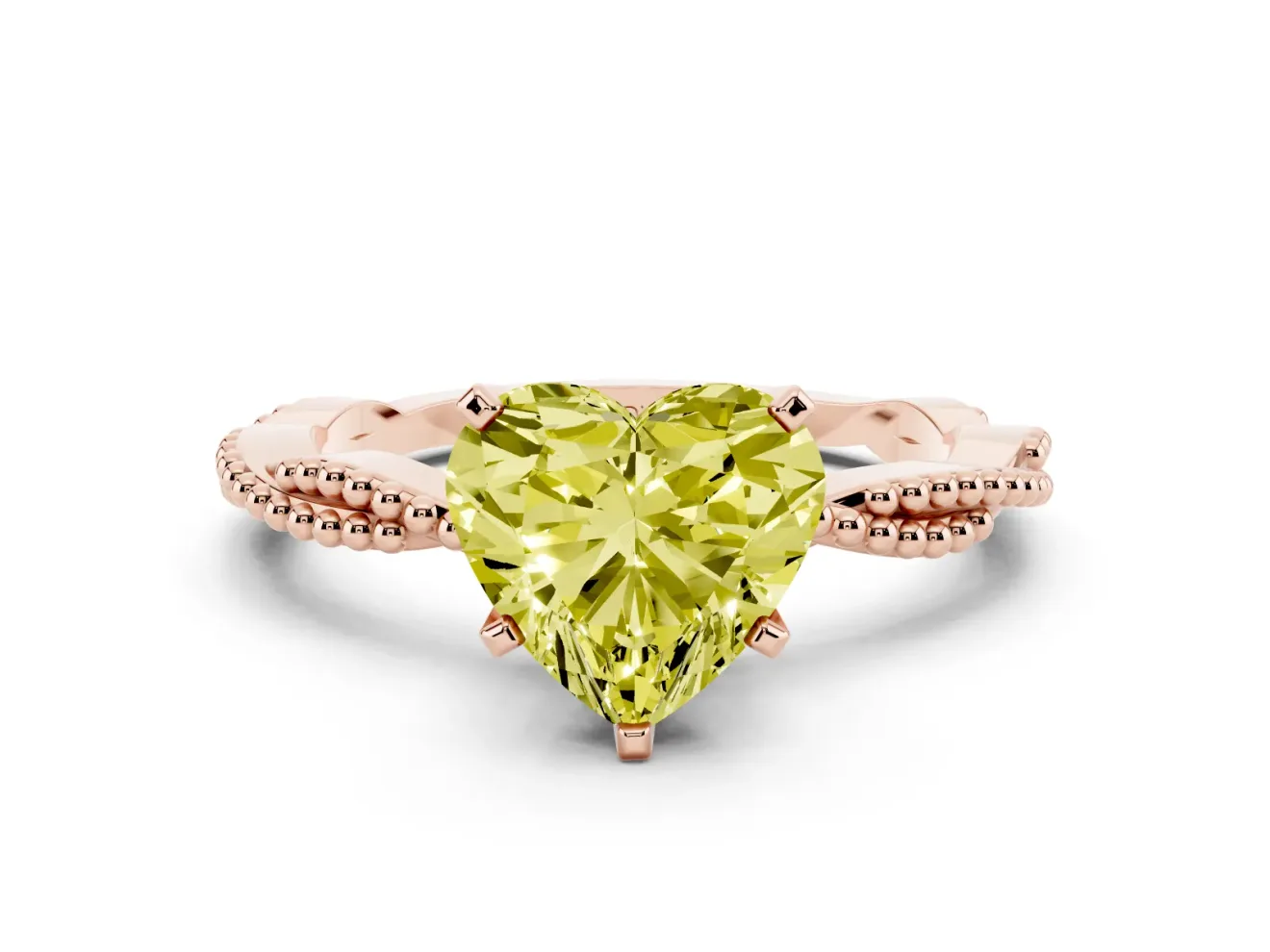 Fancy Yellow Heart Cut Diamond Solitaire Ring Set in Rose gold with Twisted Band and Bead Prong Setting