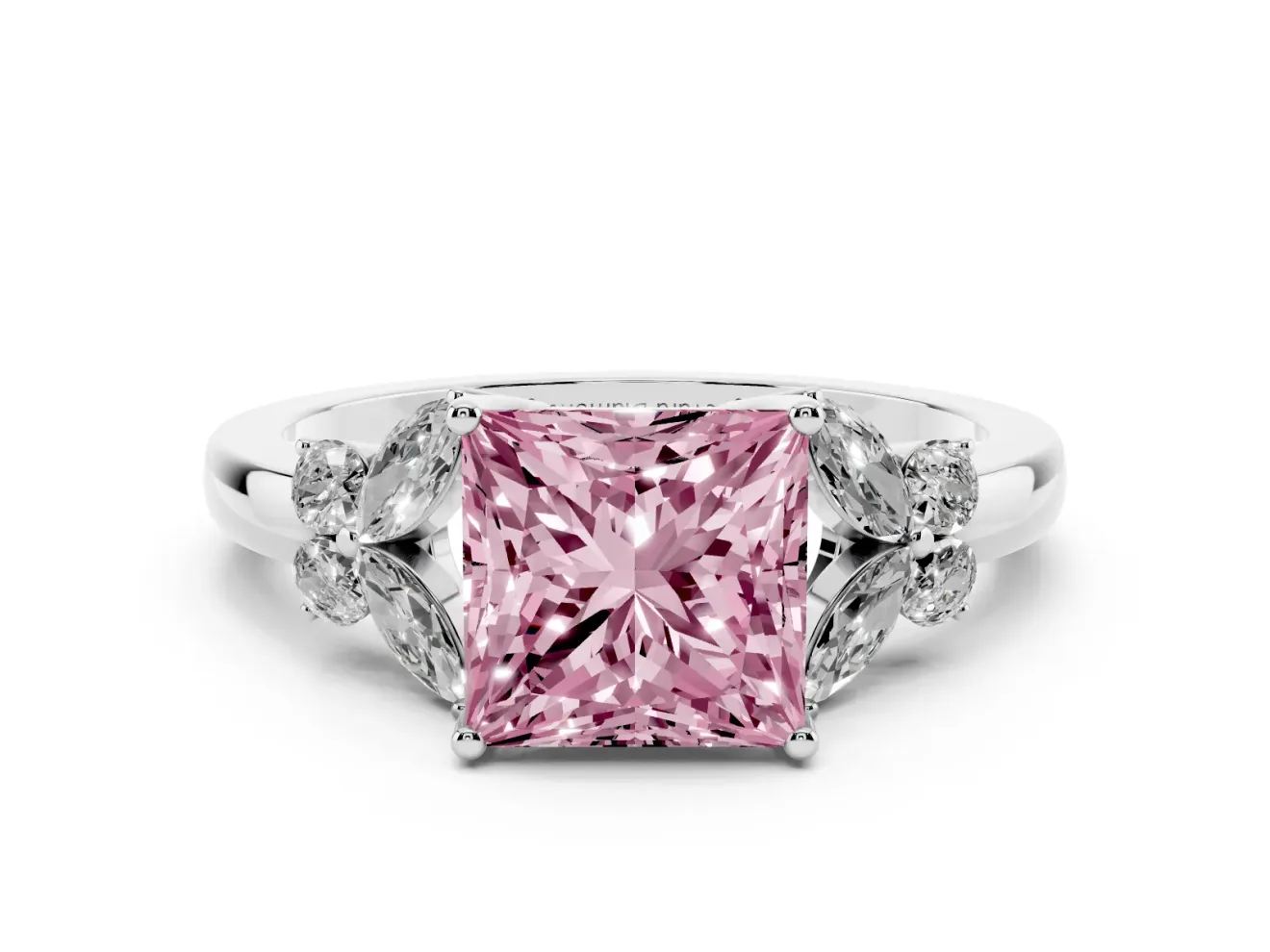 Fancy Pink Princess Cut Diamond Solitaire Floral Ring Set in White gold with Marquise Petals and Prong Setting