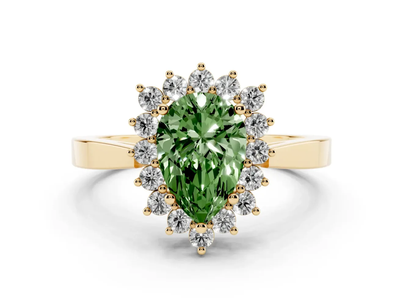 Fancy Green Pear Cut Diamond Halo Ring Set in Yellow gold with Round Halo and Smooth Solitaire Band