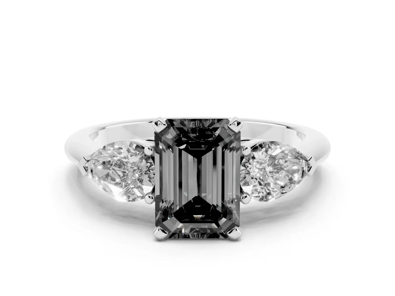 Emerald Cut Three-Stone Ring Setting for a Black Center | Pear Side Stones | Sterling Silver