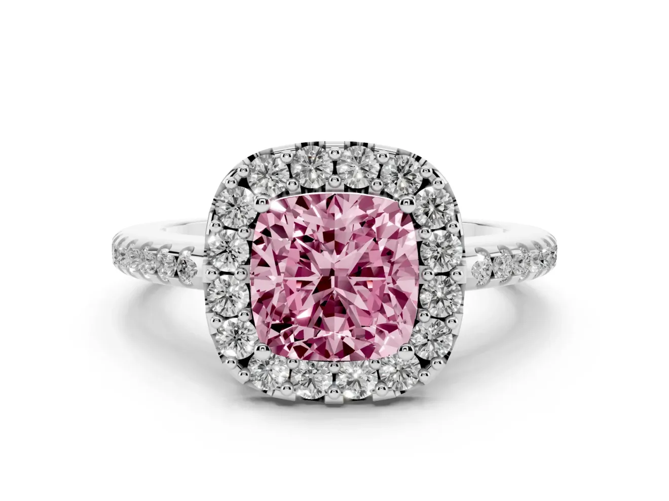 Cushion Cut Pave Halo Engagement Ring Setting for a Fancy Pink Lab-Grown Diamond | Pave Band | Sterling Silver