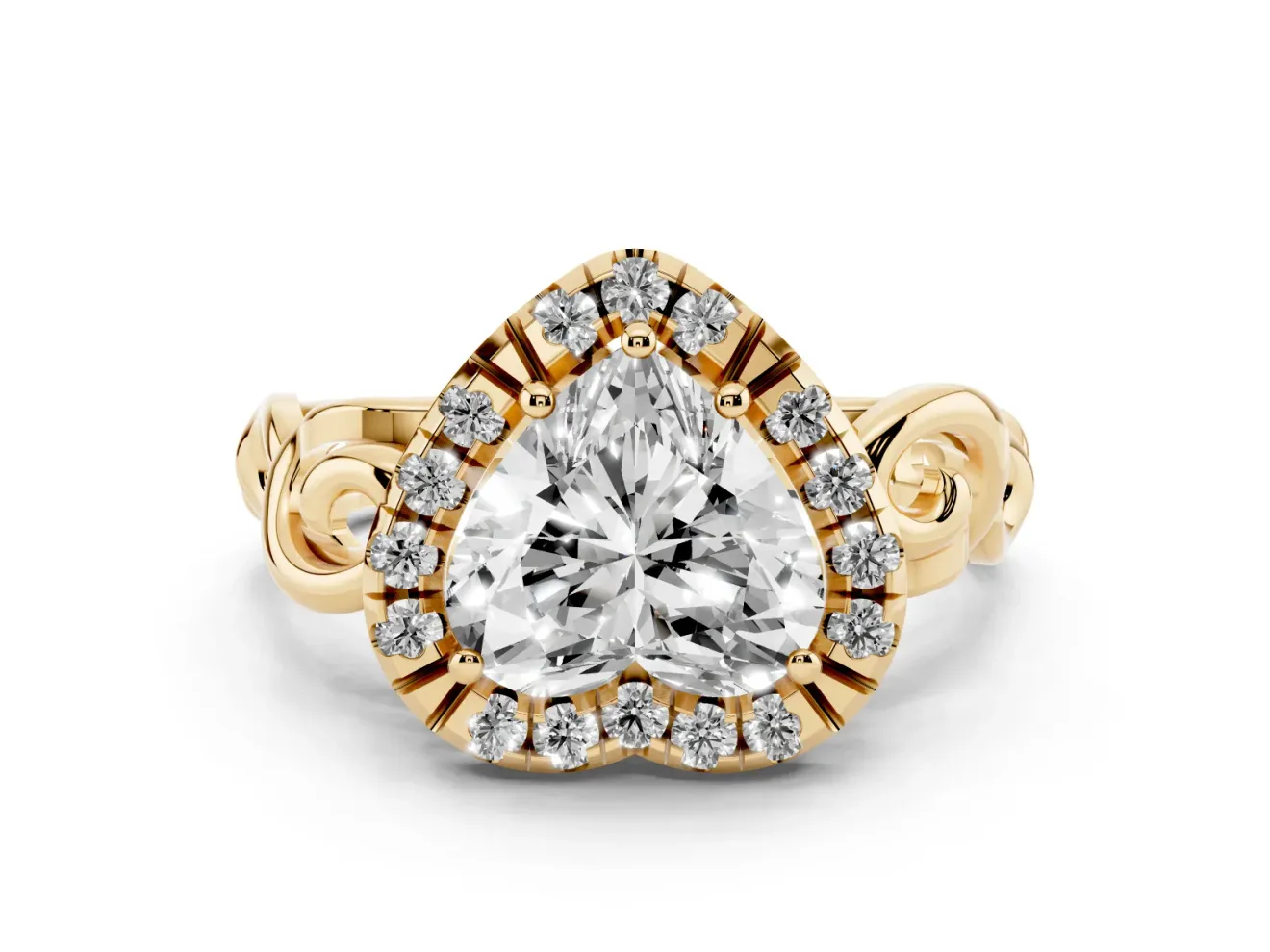 Heart-Shaped Vintage Filigree Halo Engagement Ring Setting | Scroll Shoulders | Yellow Gold