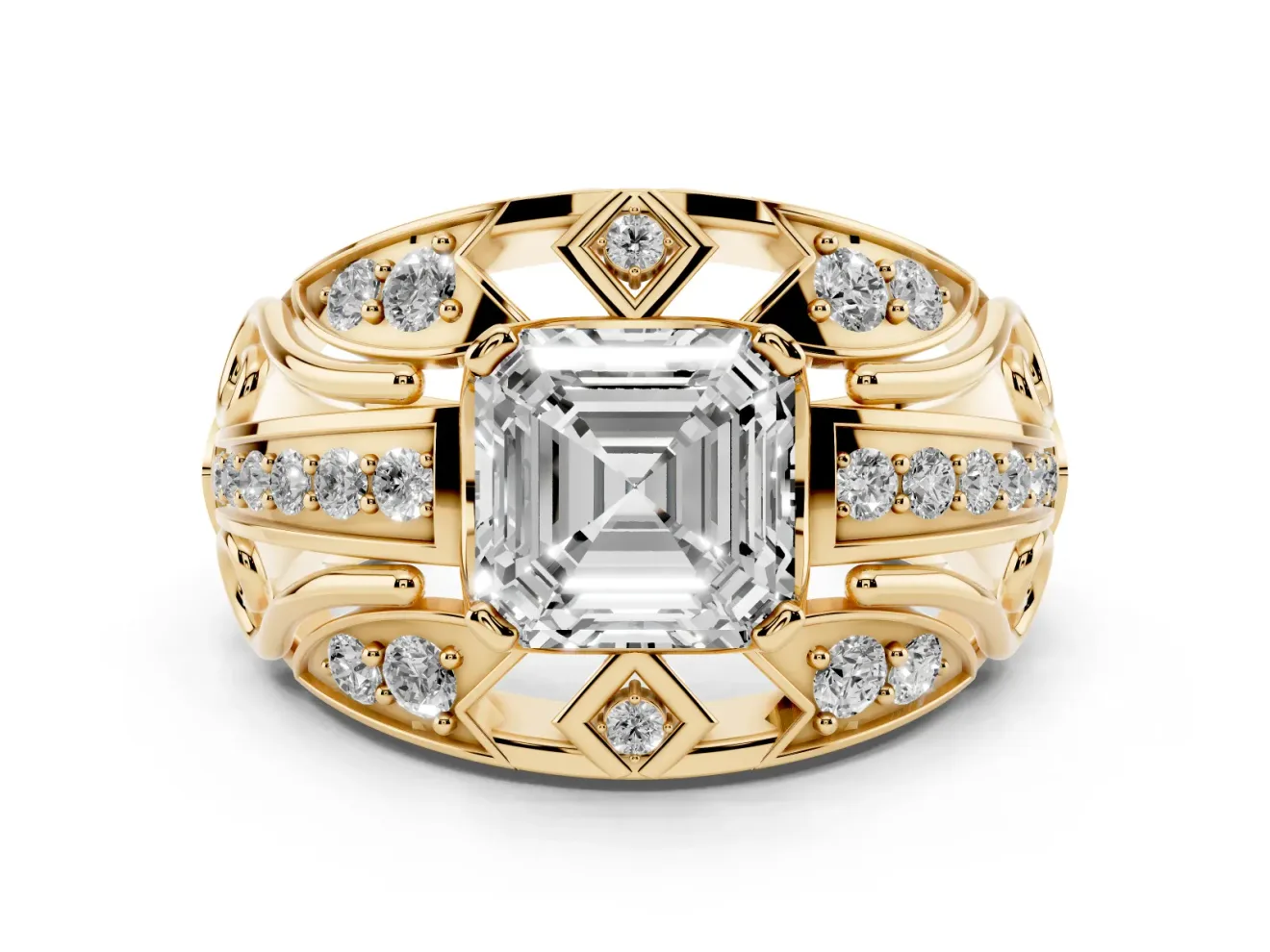 Asscher Cut Art Deco Graduated Pave Engagement Ring Setting | Split Shank | Yellow Gold