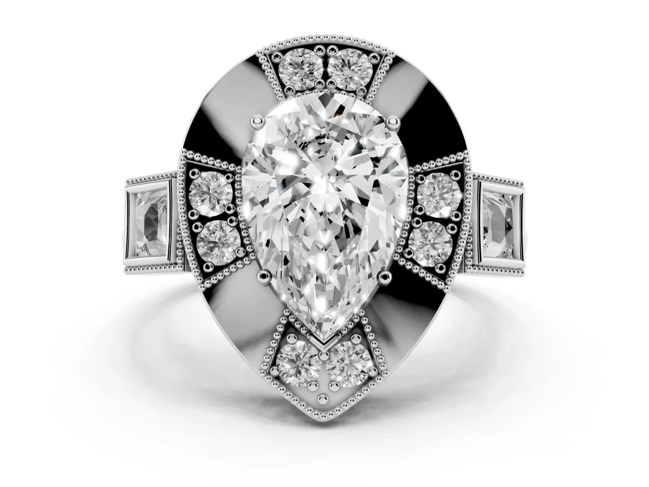 Pear Cut Diamond Milgrain Halo Ring Set in Platinum with Split Shank