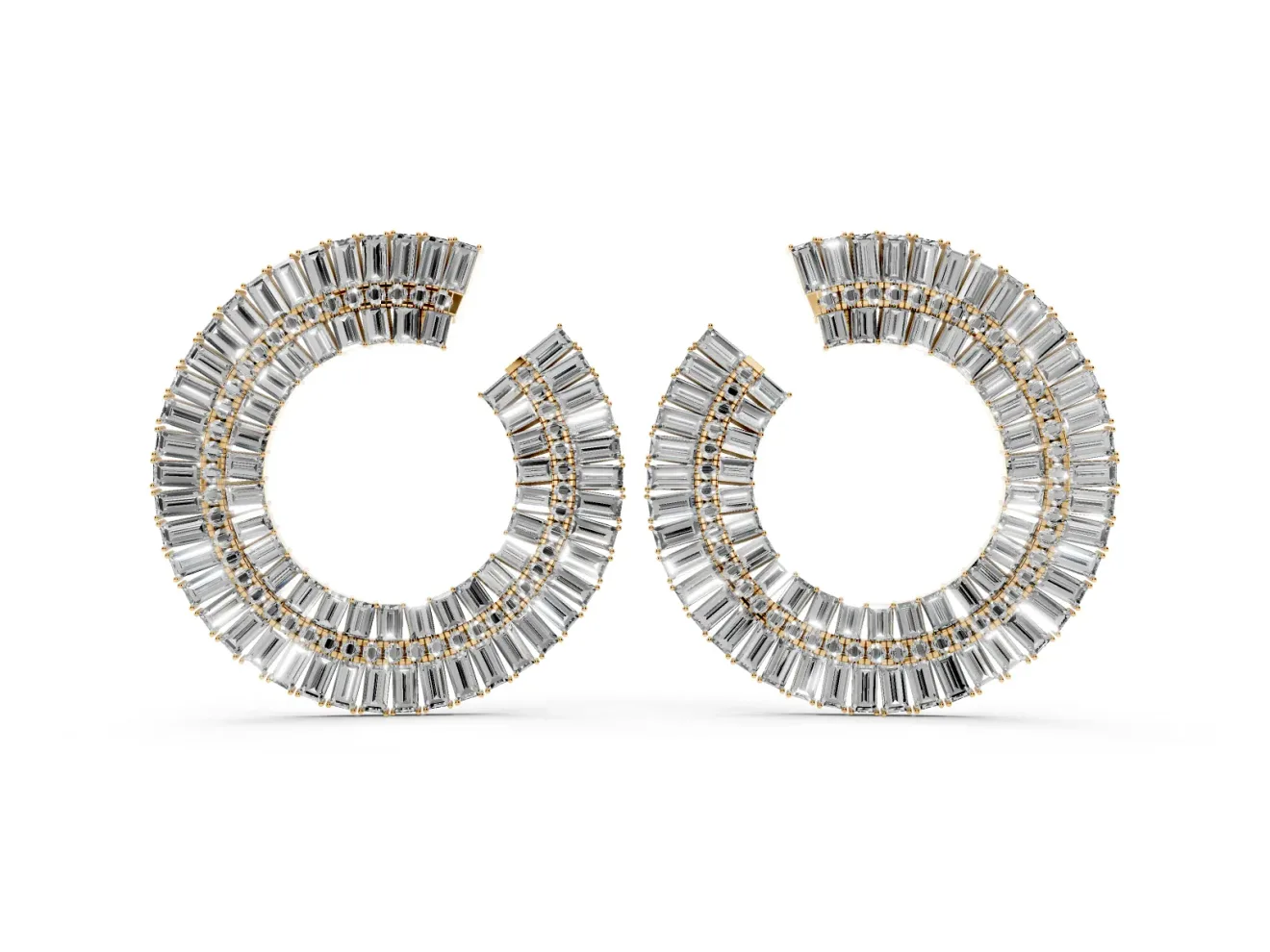 Baguette and Round Lab-Grown Diamond Fanned Open Hoop Earrings | Sunburst Rows | Yellow Gold