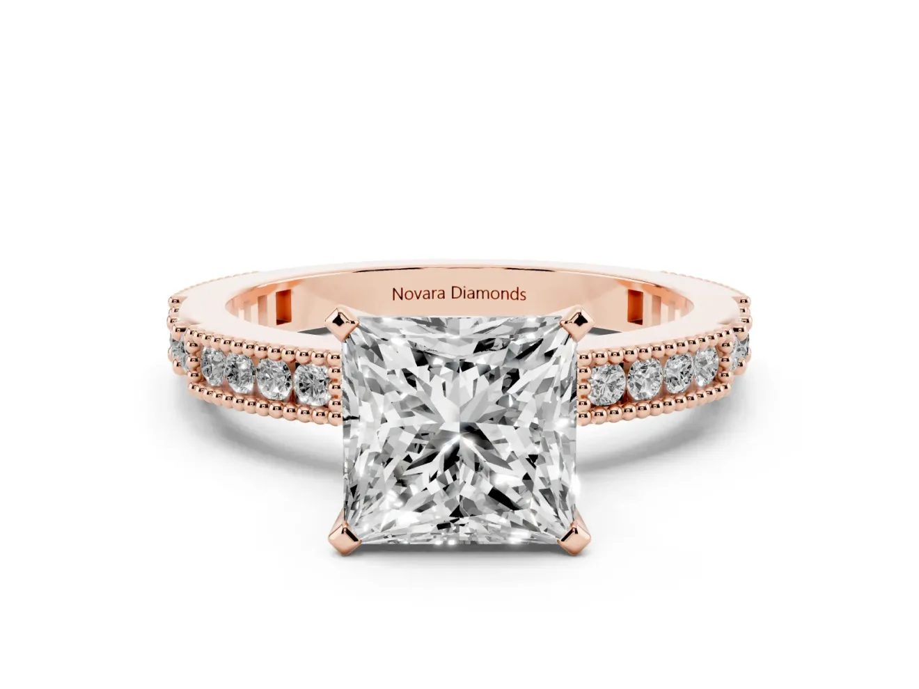 Princess Cut Diamond Solitaire Ring Set in Rose gold with Slim Pavé Band and Prong Setting