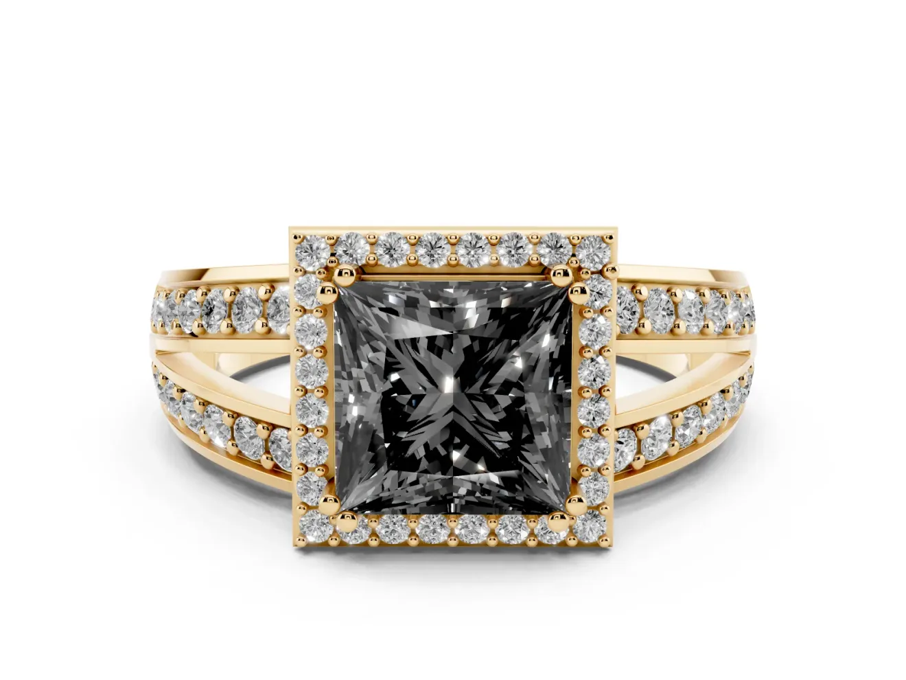 Princess Cut Halo Engagement Ring Setting for a Black Center | Pavé Split Shank | Yellow Gold