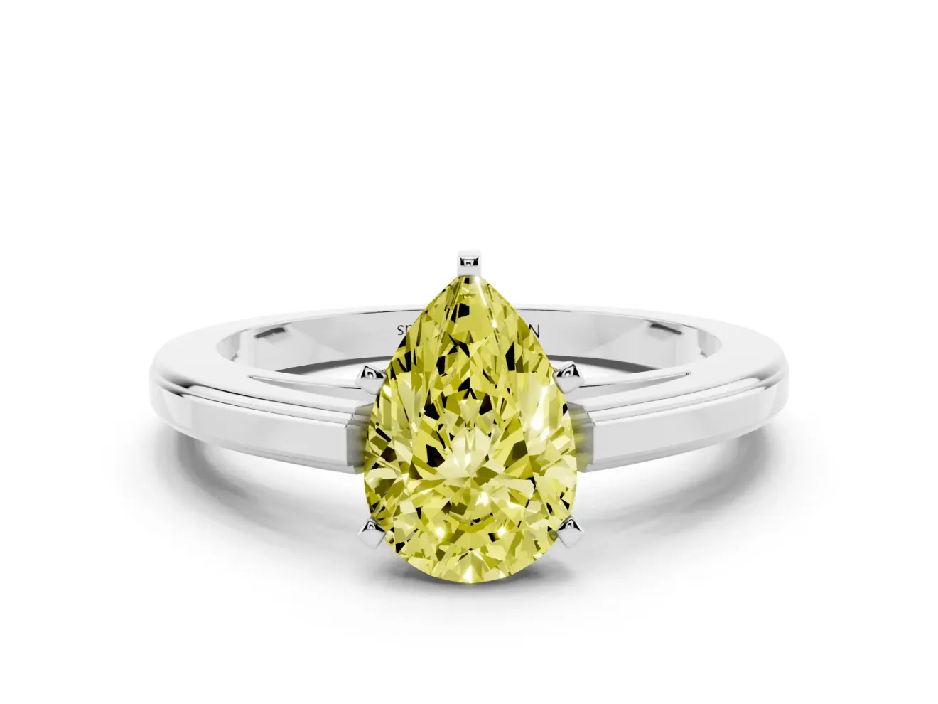 Fancy Yellow Pear Cut Diamond Solitaire Ring Set in Silver with Prong Setting and Classic Band