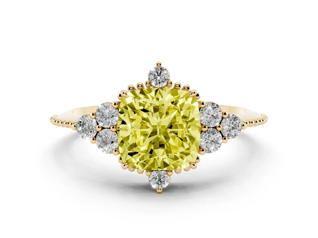 Cushion Cut Cluster Engagement Ring Setting for a Fancy Yellow Lab-Grown Diamond | Yellow Gold