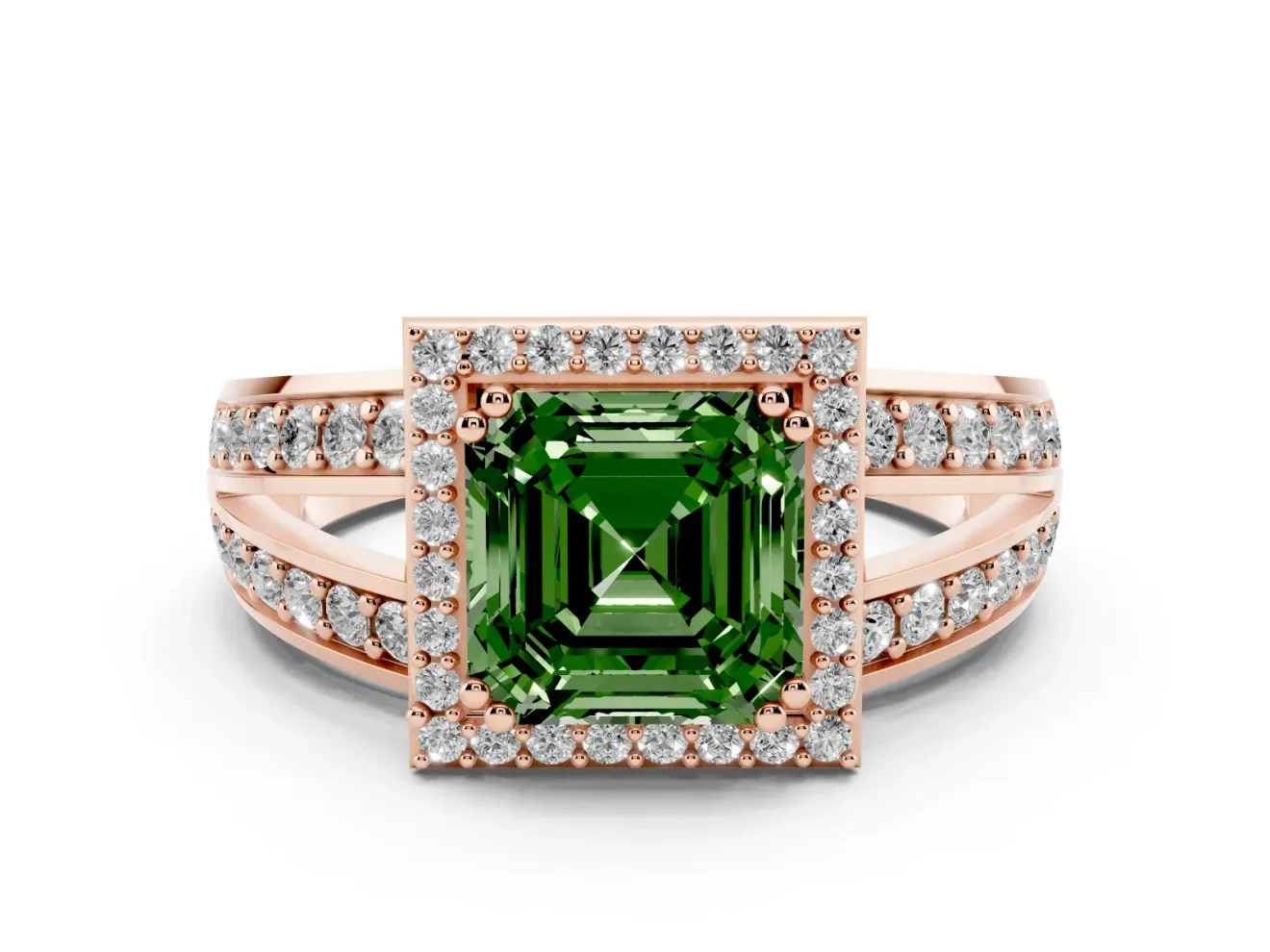 Asscher Cut Halo Engagement Ring Setting for a Fancy Green Lab-Grown Diamond | Two-Row Pave Split Shank | Rose Gold