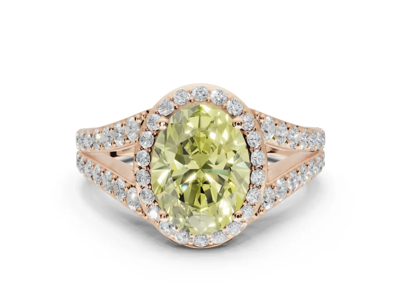 Oval Halo Pavé Engagement Ring Setting for a Fancy Yellow Lab-Grown Diamond | Narrow Split Shank | Rose Gold