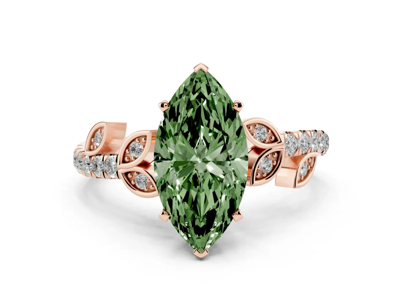 Fancy Green Marquise Cut Diamond Solitaire Leaf-Inspired Ring Set in Rose gold with Pavé Band and Prong Setting