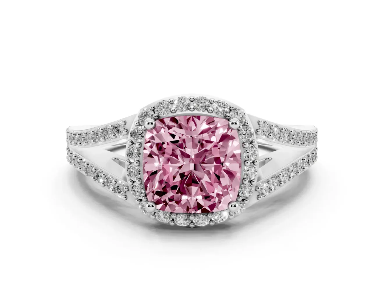 Cushion Cut Split Shank Halo Engagement Ring Setting for a Fancy Pink Lab-Grown Diamond | Platinum