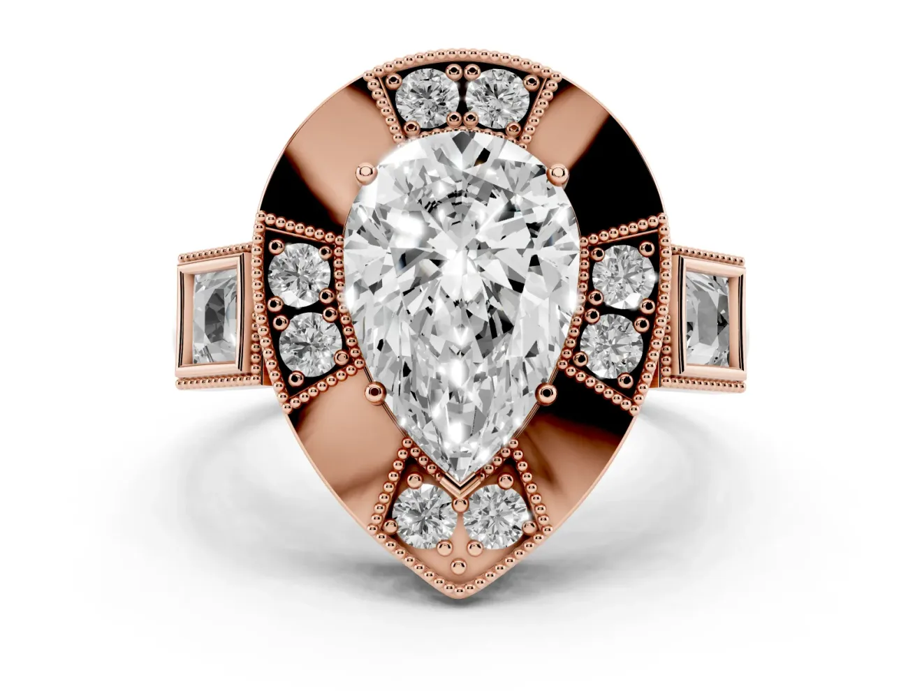 Pear Cut Diamond Milgrain Halo Ring Set in Rose gold with Split Shank