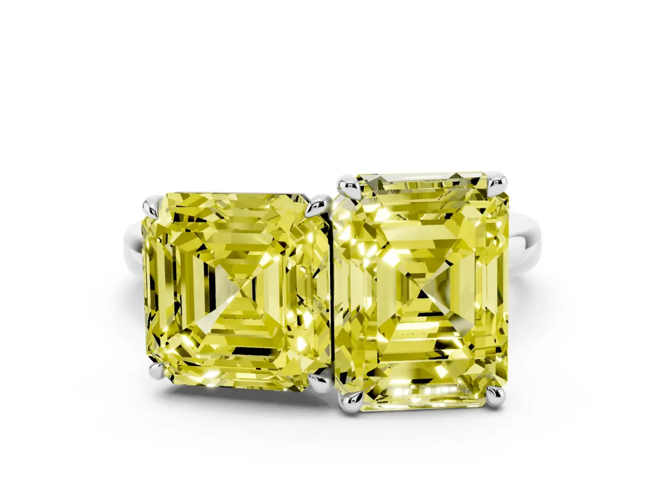 Fancy Yellow Asscher Cut and Emerald Cut Toi Moi Ring Set in Platinum with Prong Setting