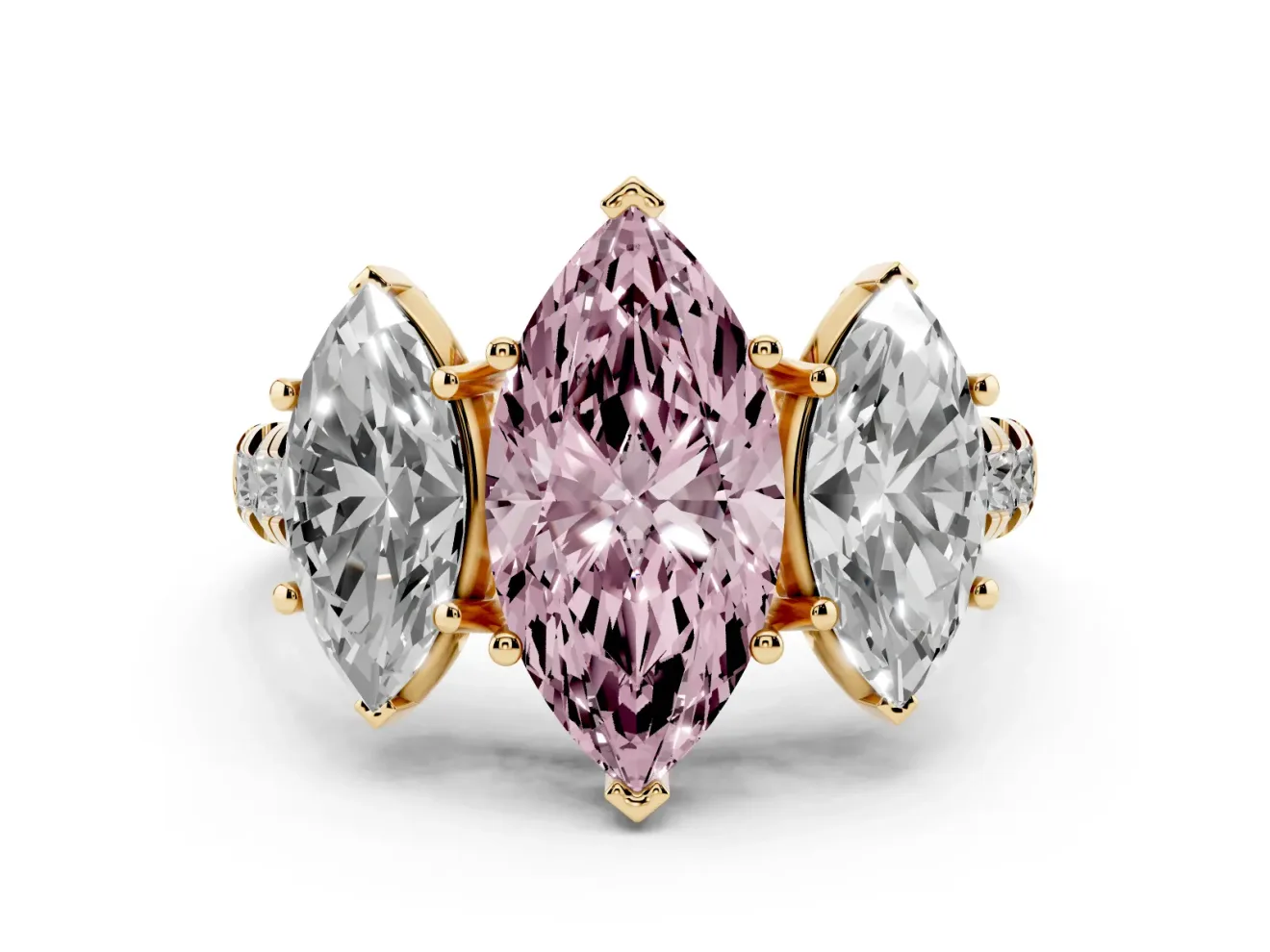 Marquise Three Stone Engagement Ring Setting for a Fancy Pink Lab-Grown Diamond | Accented Shoulders | Yellow Gold